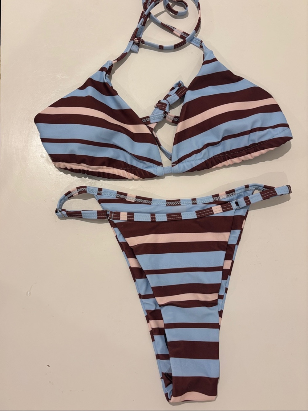 Striped Triangle Bikini Set in Sky Blue, Chocolate & Blush